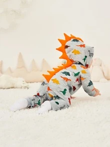 男嬰恐龍印花長袖連身褲，休閒風格 - 灰色 - 查看 5