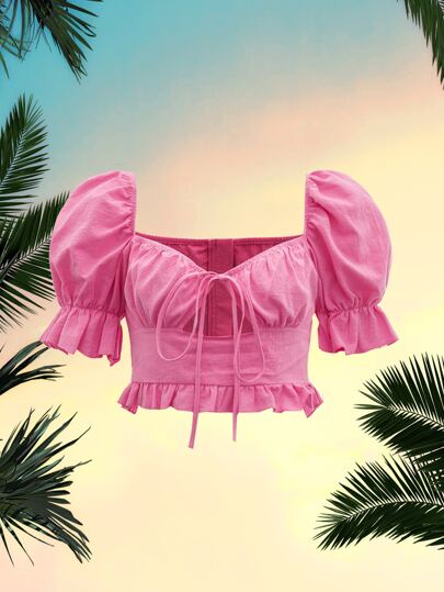 لباس علوي قصير سويت هارت قص مجوف ربطة امامية مقلم بكشكش