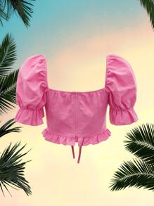 SHEIN MOD Sweetheart Cut Out Tie Front Ruffle Trim Crop Top - Pink - View 2