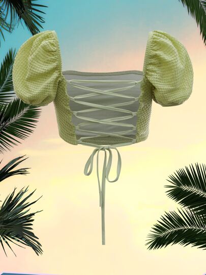 Wywh Femmes Vacances Puff Manche Blouse Courte En Dentelle Avec Laçage Dos Nu Et Texture, Parfaite Pour Soirée En Amoureux