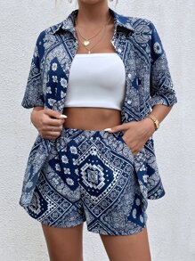 SHEIN VCAY 絲巾和佩斯利印花落肩袖襯衫和短褲 - 藍白色 - 查看 6