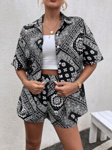 Breezaya Bộ đồ hai mảnh nữ Nút phía trước Paisley Họa tiết khăn Boho - Đen và trắng - Xem 1