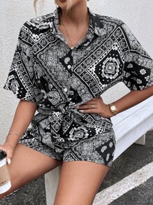 Breezaya Bộ đồ hai mảnh nữ Nút phía trước Paisley Họa tiết khăn Boho - Đen và trắng - Xem 5