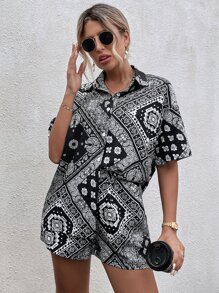 Breezaya Bộ đồ hai mảnh nữ Nút phía trước Paisley Họa tiết khăn Boho - Đen và trắng - Xem 6