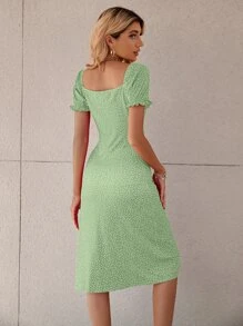 SHEIN Unity Polka Dot Puff Sleeve Tie Front Ruched Bust Slit Hem Dress - Lime Green - View 2