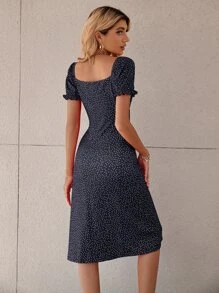 Breezaya Polka Dot Puff Sleeve Tie Front Ruched Bust Slit Hem Dress Maxi Women Outfit - Black - View 2