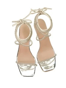 Xăng đan Cao gót Nữ Pha lê kim cương màu trơn Dải mỏng Hấp dẫn - Bạc - Xem 5