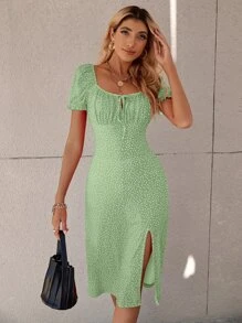 SHEIN Unity Polka Dot Puff Sleeve Tie Front Ruched Bust Slit Hem Dress - Lime Green - View 6