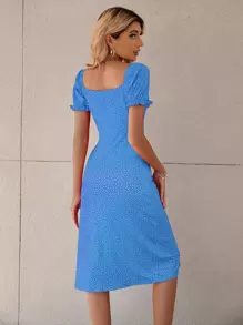 SHEIN Unity Polka Dot Puff Sleeve Tie Front Ruched Bust Slit Hem Dress - Blue - View 2