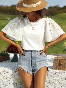 Breezaya Eyelet Embroidery Butterfly Sleeve Tee - White - View 1