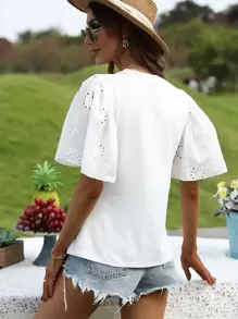 Breezaya Eyelet Embroidery Butterfly Sleeve Tee - White - View 2