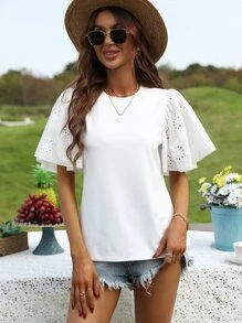 Breezaya Eyelet Embroidery Butterfly Sleeve Tee - White - View 3