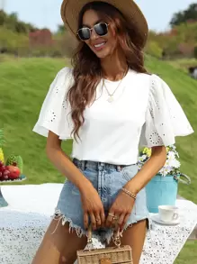 Breezaya Eyelet Embroidery Butterfly Sleeve Tee - White - View 4