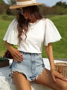 Breezaya Eyelet Embroidery Butterfly Sleeve Tee - White - View 6