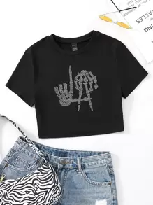 SHEIN Unity 水钻骷髅图案 T 恤 女式上衣 - 黑色 - 查看 1