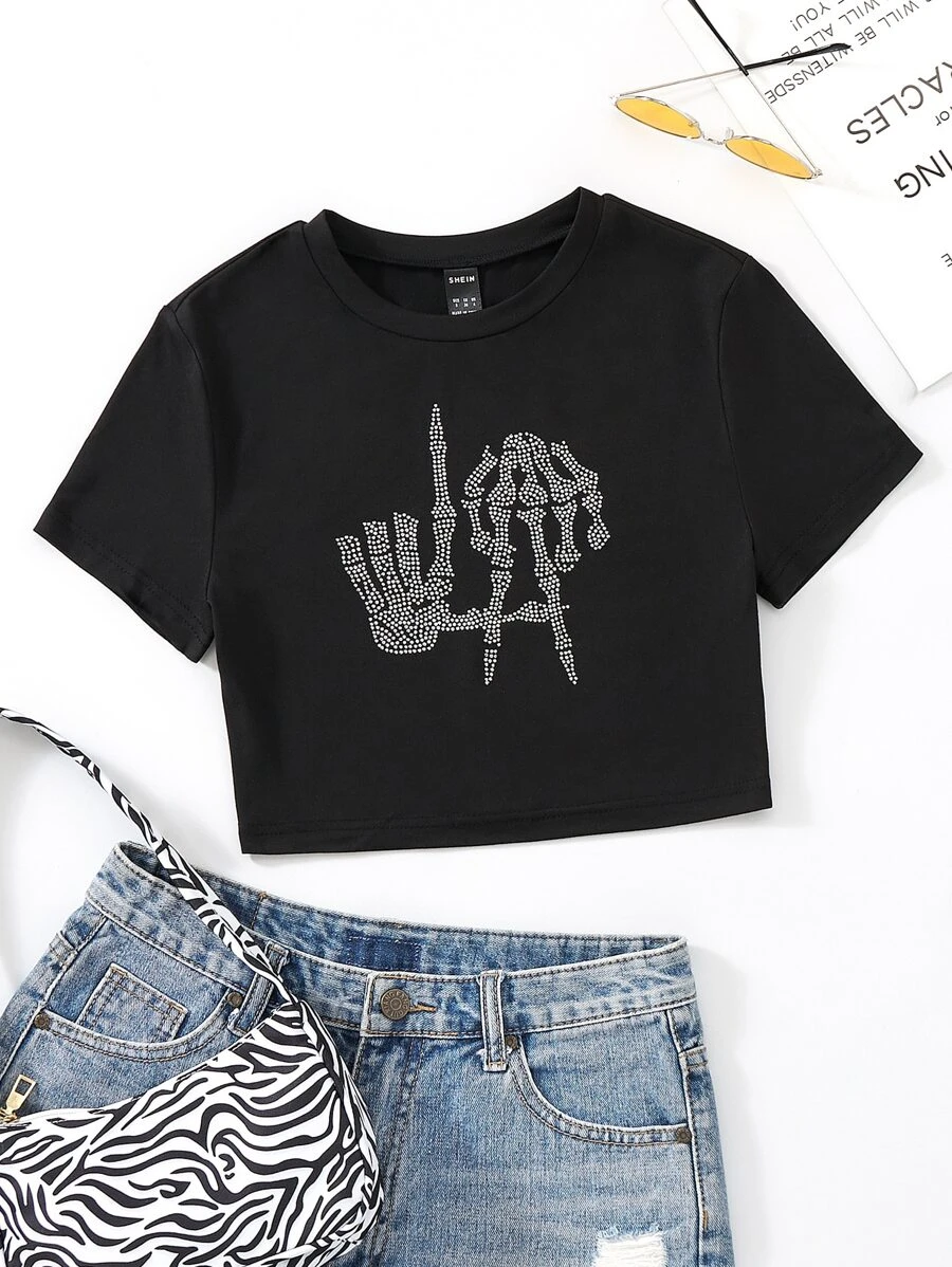 SHEIN Unity 水钻骷髅图案 T 恤 女式上衣 - 黑色 - 查看 1
