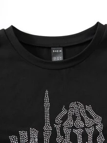 SHEIN Unity 水钻骷髅图案 T 恤 女式上衣 - 黑色 - 查看 3