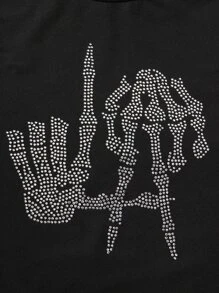 SHEIN Unity 水钻骷髅图案 T 恤 女式上衣 - 黑色 - 查看 8