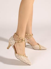 格紋人造珍珠裝飾尖頭高跟踝帶高跟鞋 - 杏色 - 查看 3