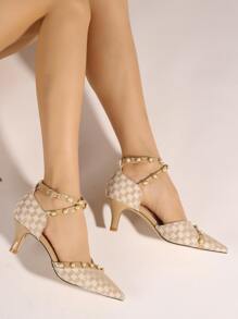 格紋人造珍珠裝飾尖頭高跟踝帶高跟鞋 - 杏色 - 查看 4