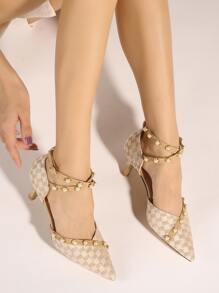 格紋人造珍珠裝飾尖頭高跟踝帶高跟鞋 - 杏色 - 查看 5