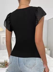 Chiquease Women T-Shirts Memotong Ruffle Plain Anggun - Hitam - View 2