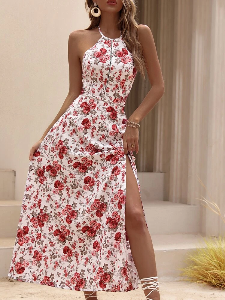 floral side split backless halter dress Elegant Womens Floral Print Halter V-neck Backless Side-Slit Dress Cut Out  Waist