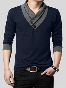 Men's Contrast Color V-Neck Long Sleeve Button Decor Casual T-Shirt - Navy Blue - View 1