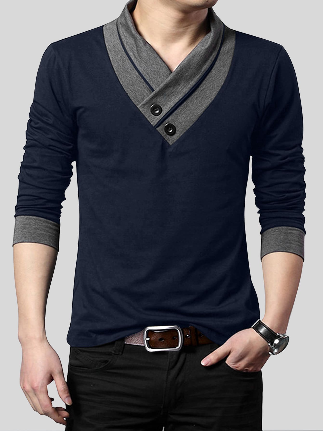 Men's Contrast Color V-Neck Long Sleeve Button Decor Casual T-Shirt - Navy Blue - View 1