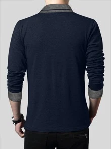 Men's Contrast Color V-Neck Long Sleeve Button Decor Casual T-Shirt - Navy Blue - View 2