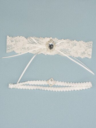 2 件装水钻和蝴蝶结装饰新娘大腿腰带吊袜带情人节