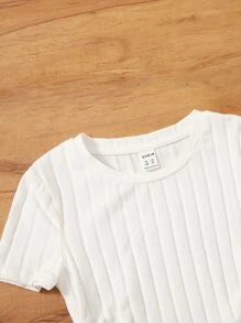 SHEIN Leap Crew 青少年女孩圆领休闲短袖抽绳侧褶罗纹针织 T 恤 - 白色 - 查看 3