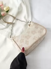 Floral Printed Shoulder Bag Floral Shaped Chain Underarm Bag Versatile PU Leather Women's Bag Jacquard Chain Decor Bag Jacquard Chain Decor Bag - Khaki - View 3
