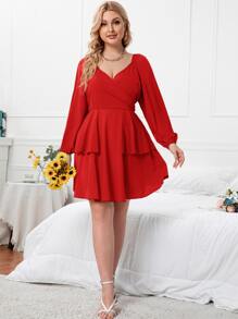 Plus Lantern Sleeve Peplum Waist Dress - Burgundy - View 1