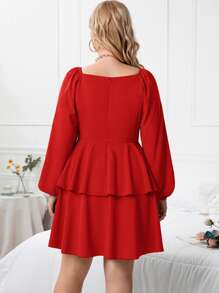 Plus Lantern Sleeve Peplum Waist Dress - Burgundy - View 2