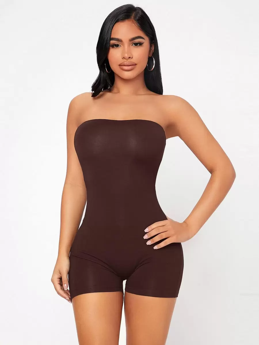SHEIN PETITE Backless Tube Unitard Romper - Coffee Brown - View 1