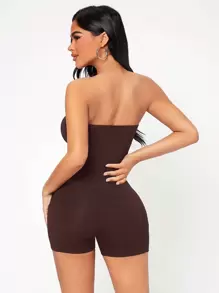 SHEIN PETITE Backless Tube Unitard Romper - Coffee Brown - View 2