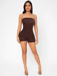 SHEIN PETITE Backless Tube Unitard Romper - Coffee Brown - View 3