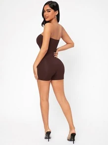 SHEIN PETITE Backless Tube Unitard Romper - Coffee Brown - View 5