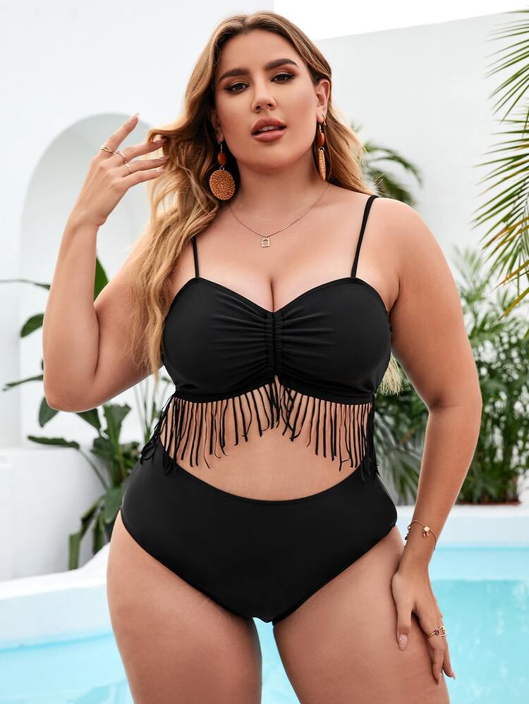 Juego de bikini de talla grande con fruncido y borla en el dobladillo, para playa en verano - Negro - Añade 1