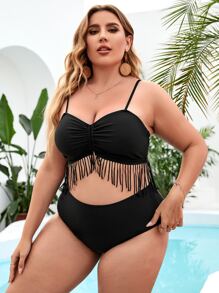 Plus Size Ruched Fringe Hem Bikini Set Summer Beach - Black - View 3