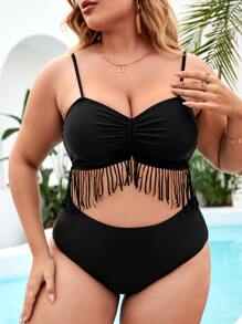 Plus Size Ruched Fringe Hem Bikini Set Summer Beach - Black - View 4