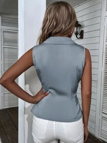 青果領圍裹不對稱下擺緞面襯衫 - 霧霾藍 - 查看 2