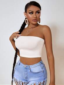 SHEIN Tall 素色短款抹胸上衣 - 白色 - 查看 3