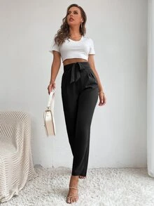 SHEIN Tall High Waist Tie Front Trousers - Black - View 3