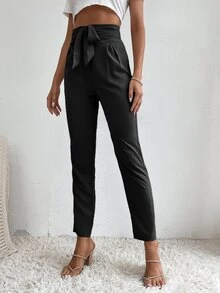 SHEIN Tall High Waist Tie Front Trousers - Black - View 4