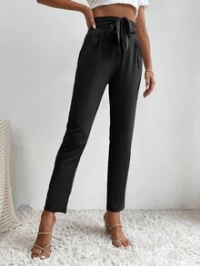 SHEIN Tall High Waist Tie Front Trousers - Black - View 5