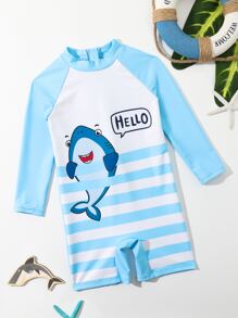 男童卡通图案后背拉链连体泳衣 - 淺藍色 - 查看 1