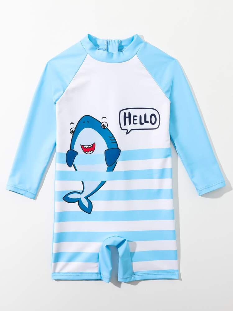 Traje de baño de una pieza con cierre trasero y estampado de dibujos animados para niños pequeños - Celeste - Ver 5