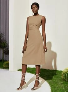 SHEINNeu Vestido de espalda abierta con cordón fruncido cintura - Albaricoque - Ver 3